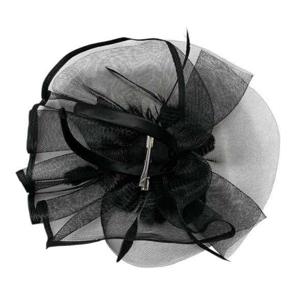 Black Mesh Fascinator Hat with Feather Flower and Headband Clip – Elegant Formal - Picture 4 of 7